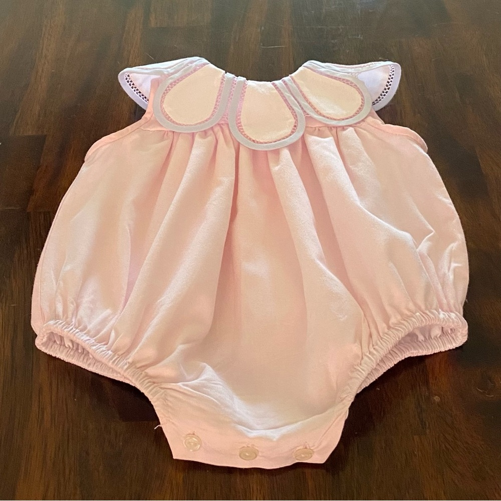 The Proper Peony Classic Pink Tulip Baby Romper With Embroidered Button